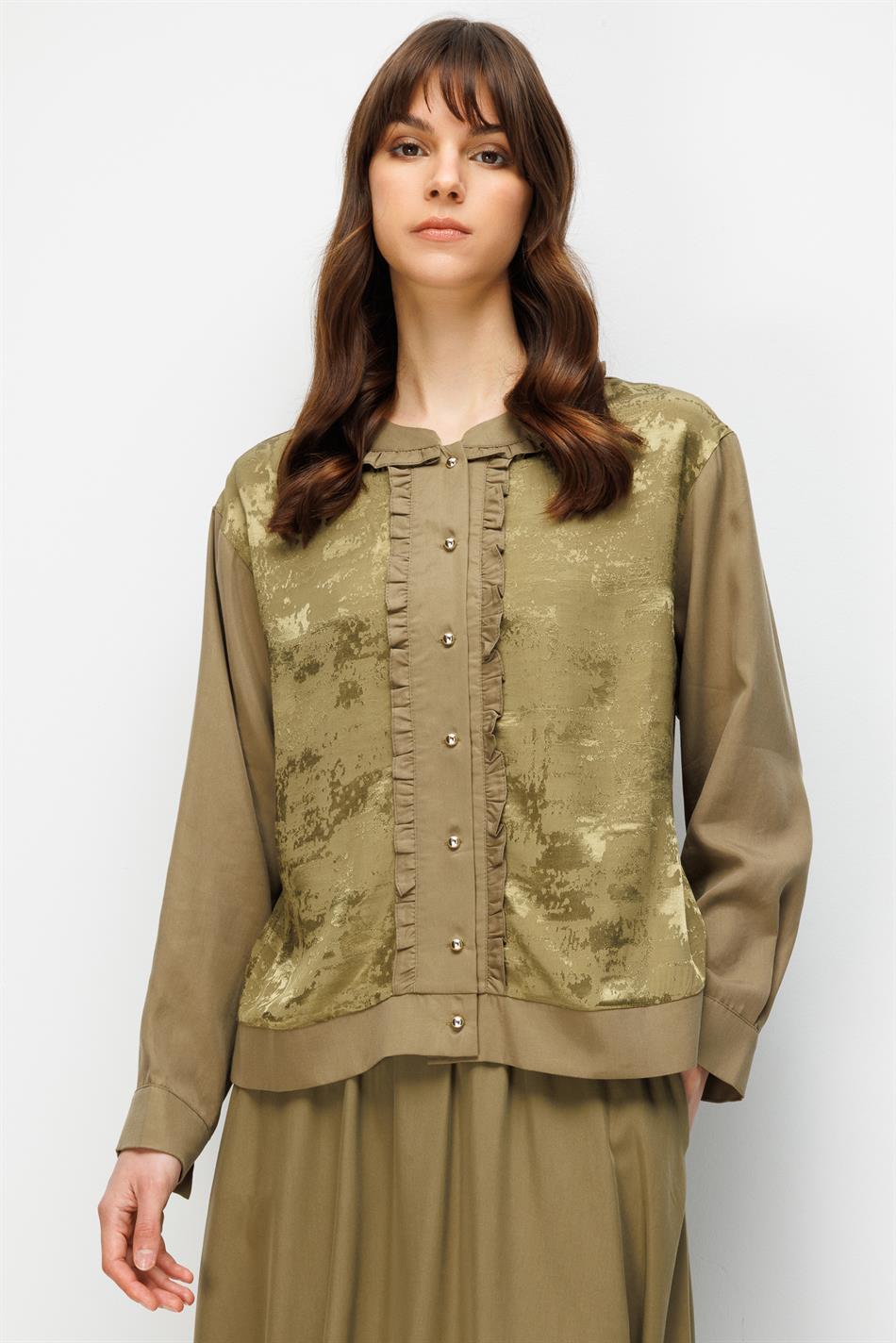 %100 Doğal LyoCELL Maxi Dökümlü Soft Kumaş Etek ve Özel Desen Geçişli Ceket Kombinli TAKIM-Haki