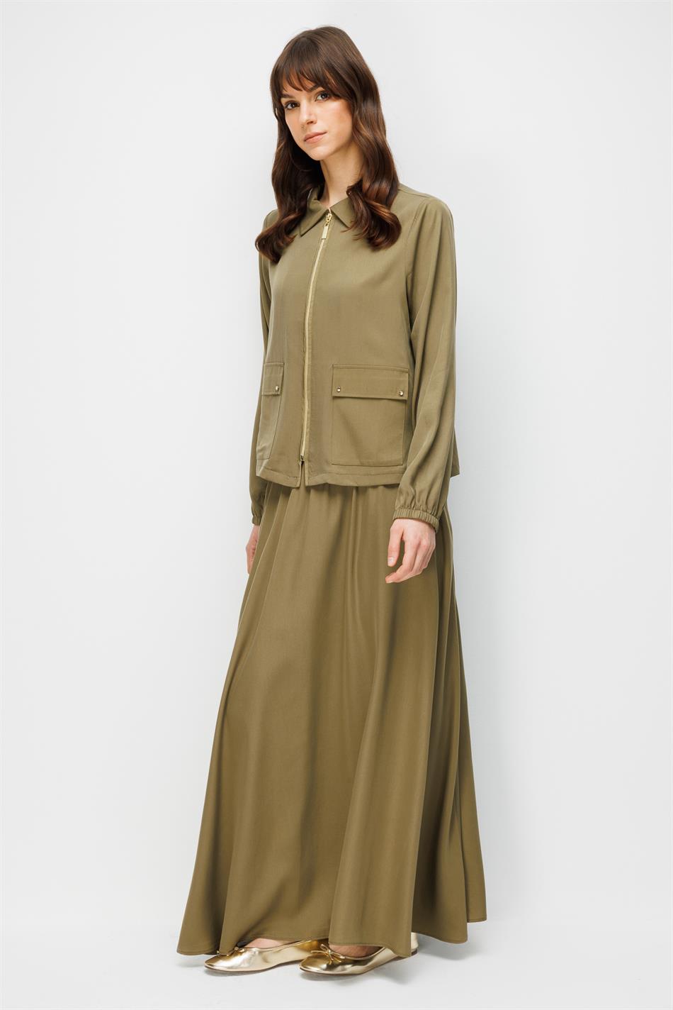 %100 Doğal LyoCELL Maxi Dökümlü Soft Kumaş Özel Ceket ve Etek Kombinli TAKIM-Haki