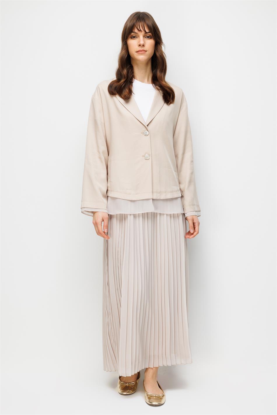 %100 Doğal LyoCELL Maxi Dökümlü Soft Kumaş Ceket ve Şifon Pilise Etek Kombinli TAKIM-Taş