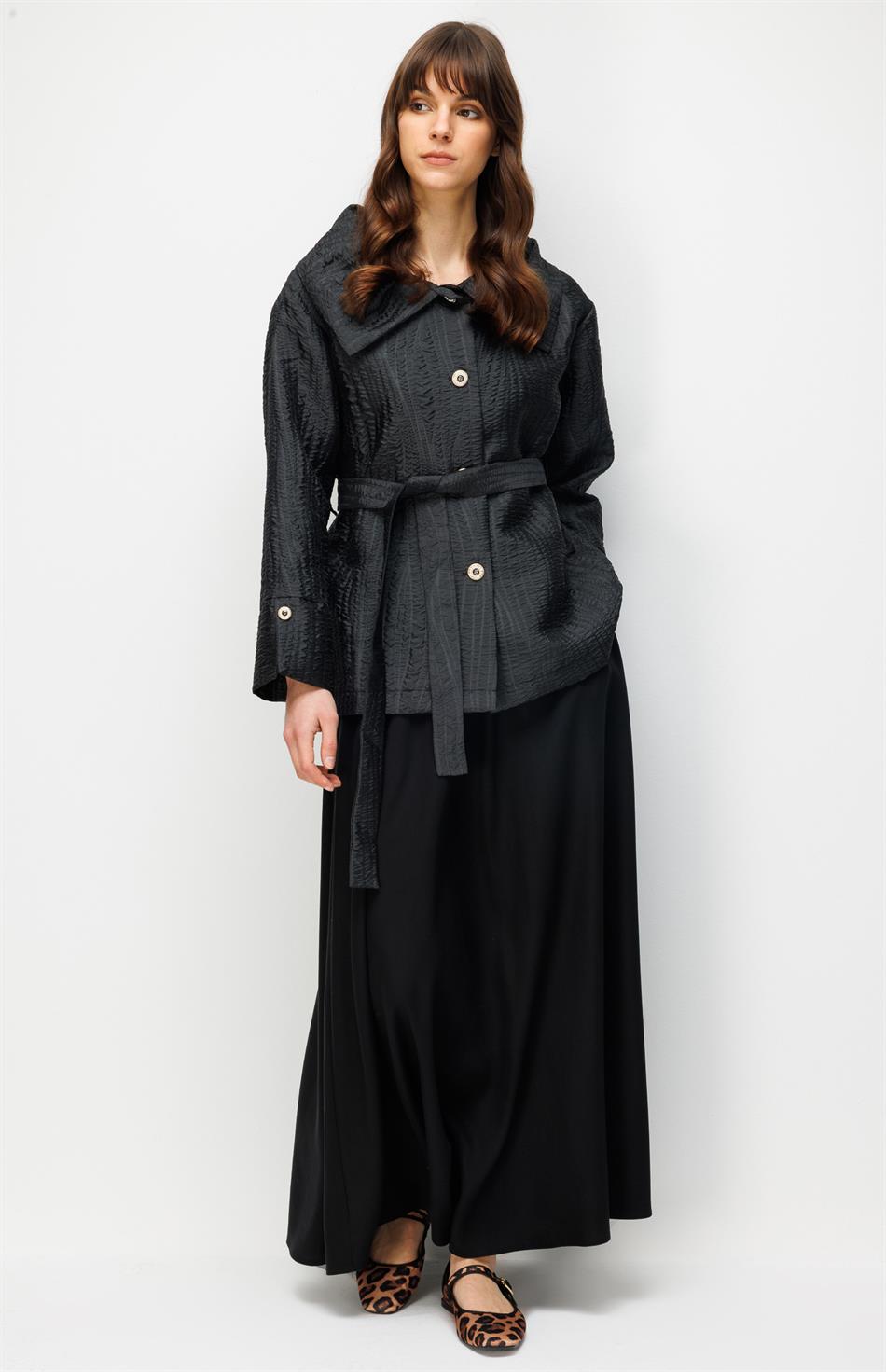 %100 Doğal LyoCELL Maxi Dökümlü Soft Kumaş Etek ve Özel Jakar Kumaş Ceket  Kombinli TAKIM-Siyah