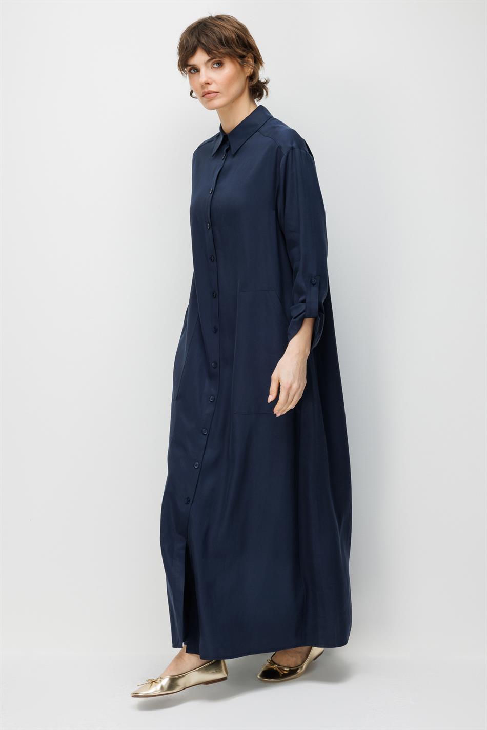 100% natuurlijke LyoCELL maxi gedrapeerde zachte stof tijdloze sportieve abaya - marineblauw