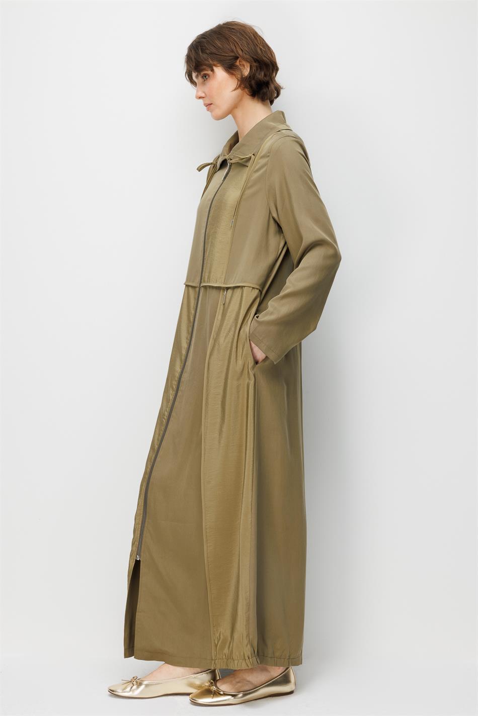 100% natuurlijke LyoCELL Maxi Draped Soft Fabric Color Garni Sport Detail Abaya - Khaki