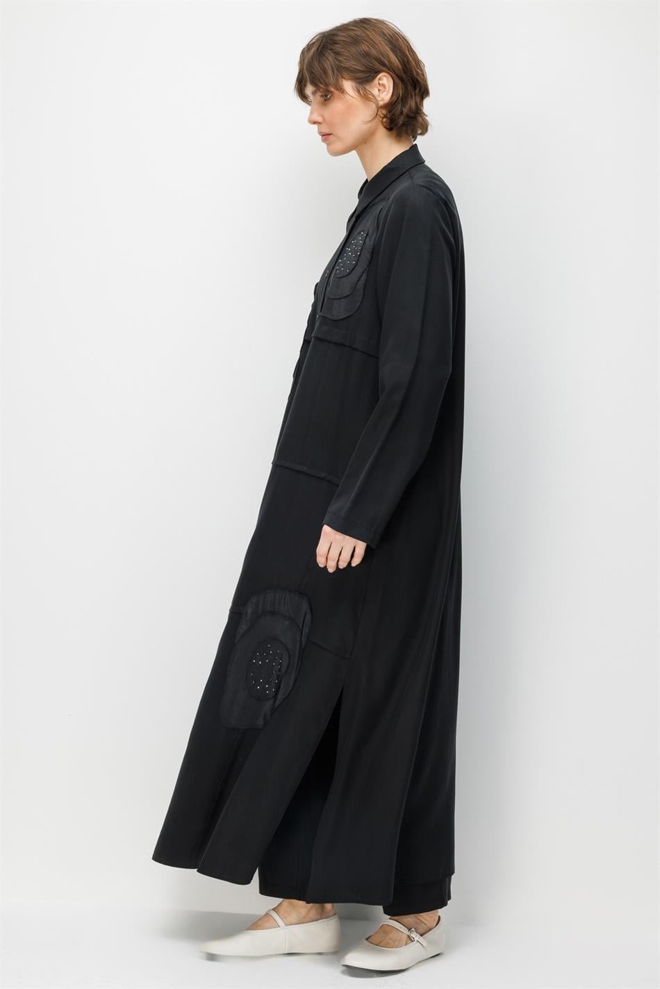 %100 Doğal LyoCELL Maxi Dökümlü Soft Kumaş Elişi Flora İşleme Detaylı Maxi Tunik Ferace-Siyah