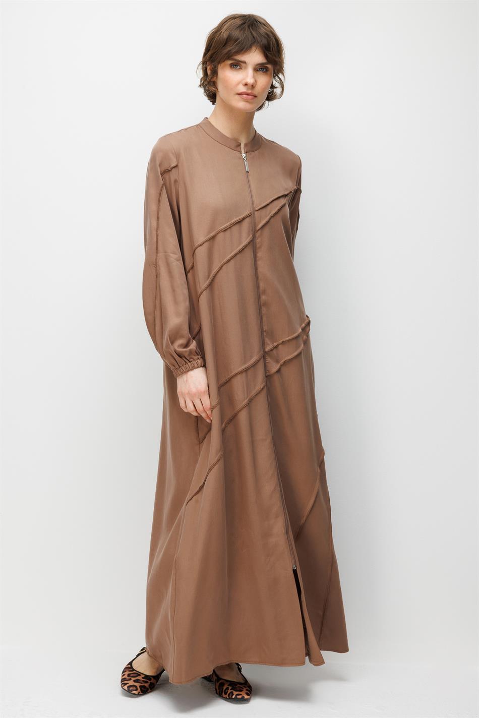 %100 Doğal LyoCELL Maxi Dökümlü Soft Kumaş Aller Ara Diikiş Detaylı Kap Ferace-Kahve