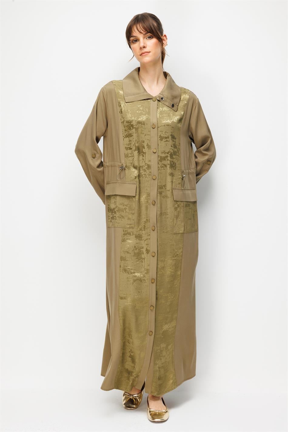 %100 Doğal LyoCELL Maxi Dökümlü Soft Kumaş Desen Geçişli Kap Ferace-Haki