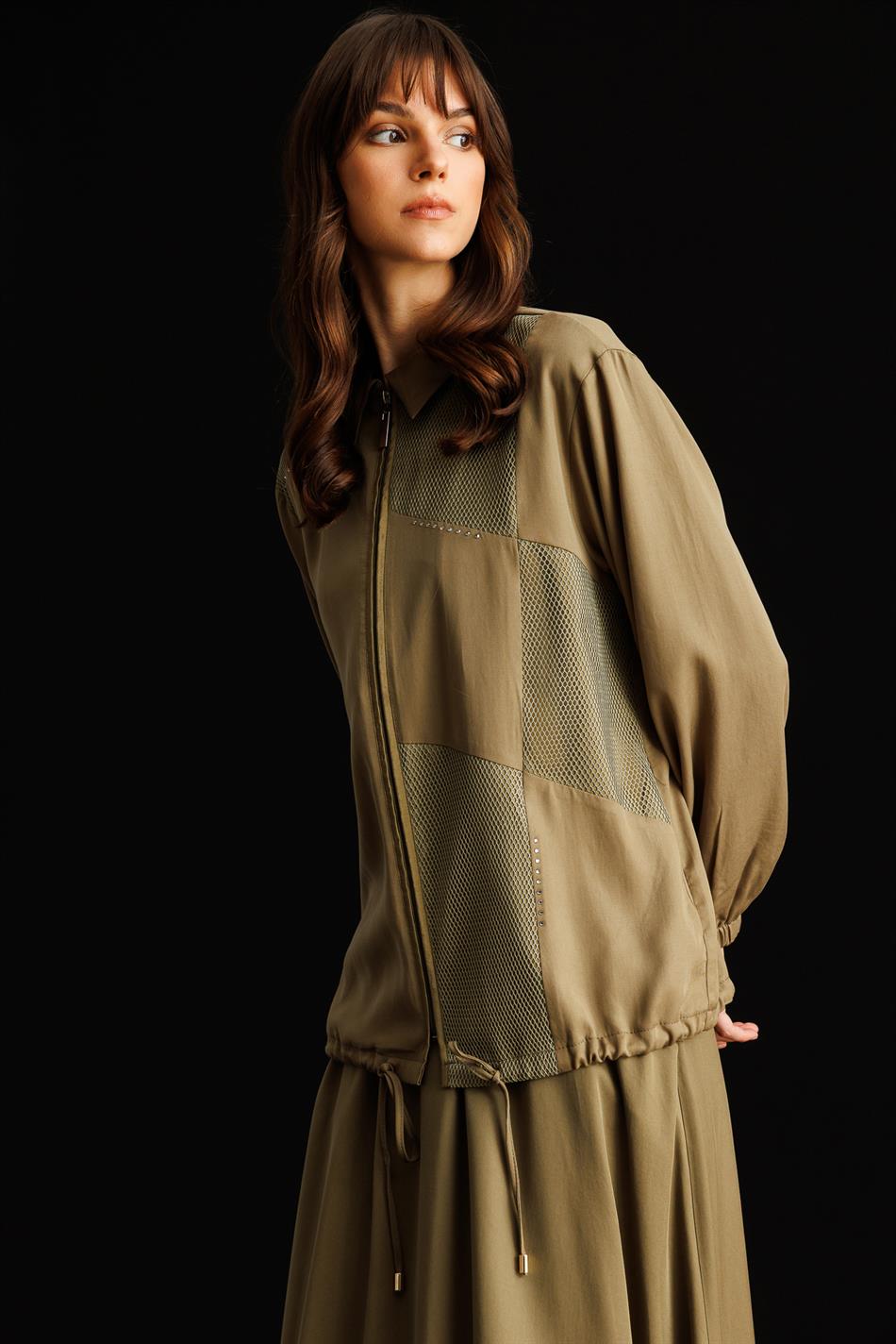 %100 Doğal LyoCELL Maxi Dökümlü Soft Kumaş Step File Garni Detaylı Ceket ve Etek Kombinli TAKIM-Haki
