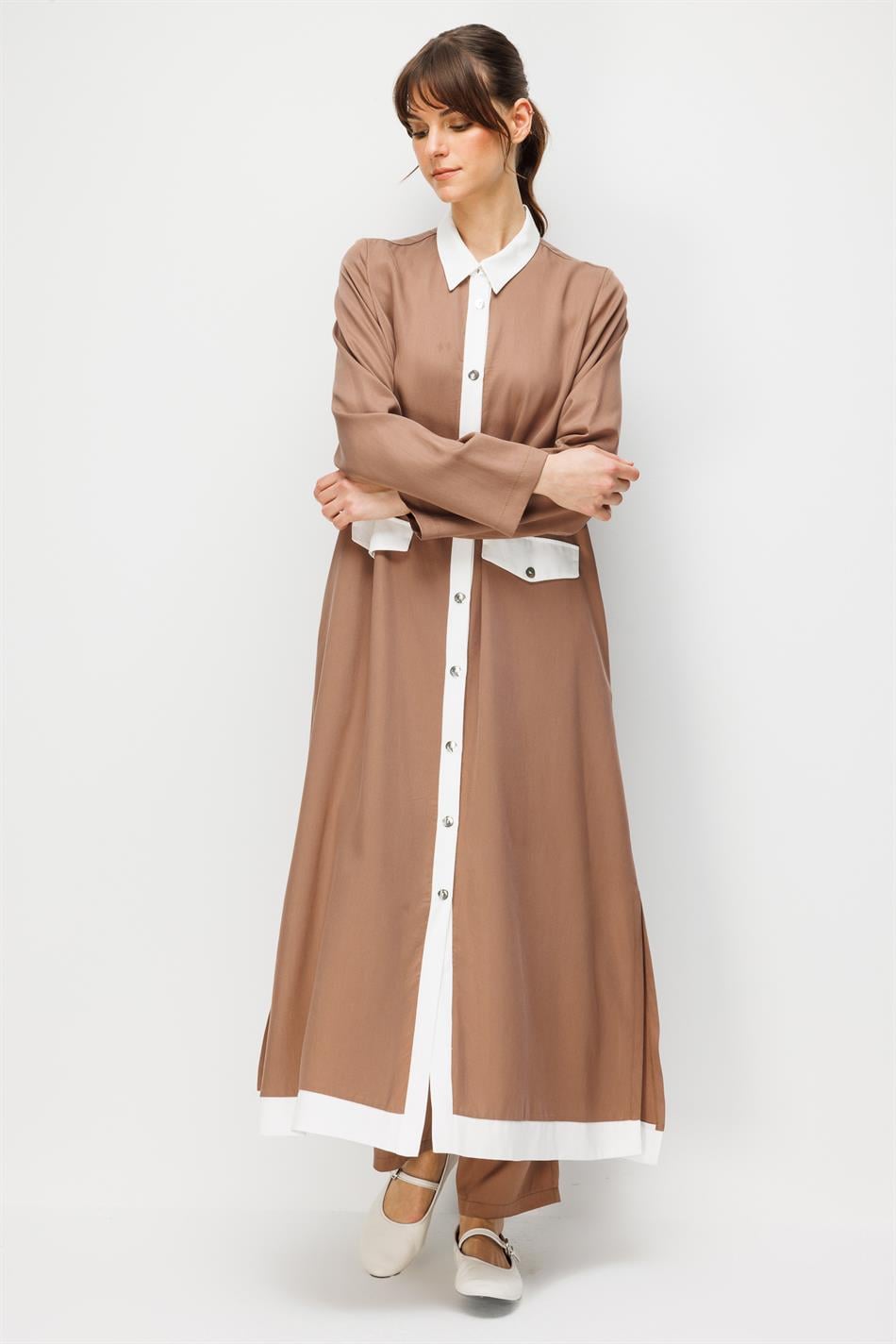 %100 Doğal LyoCELL Maxi Dökümlü Soft Kumaş Summer Garnili Maxi Elbise Ferace-Kahve