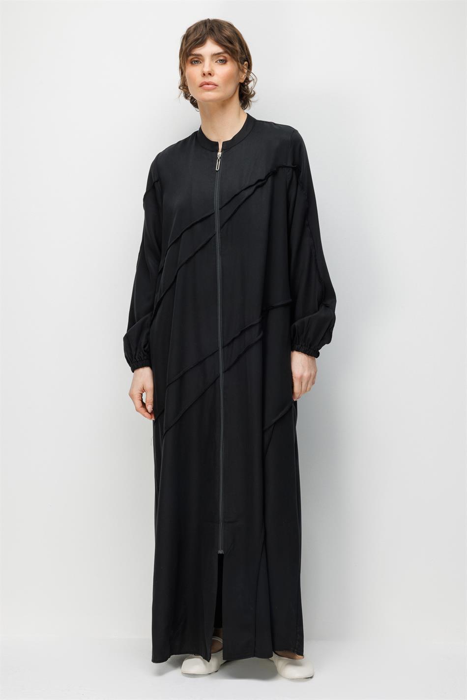 %100 Doğal LyoCELL Maxi Dökümlü Soft Kumaş Aller Ara Diikiş Detaylı Kap Ferace-Siyah