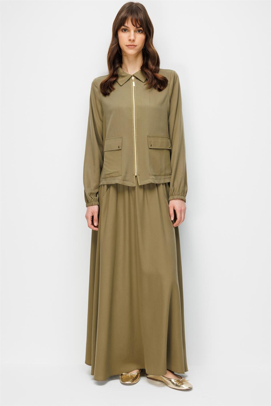 %100 Doğal LyoCELL Maxi Dökümlü Soft Kumaş Özel Ceket ve Etek Kombinli TAKIM-Haki