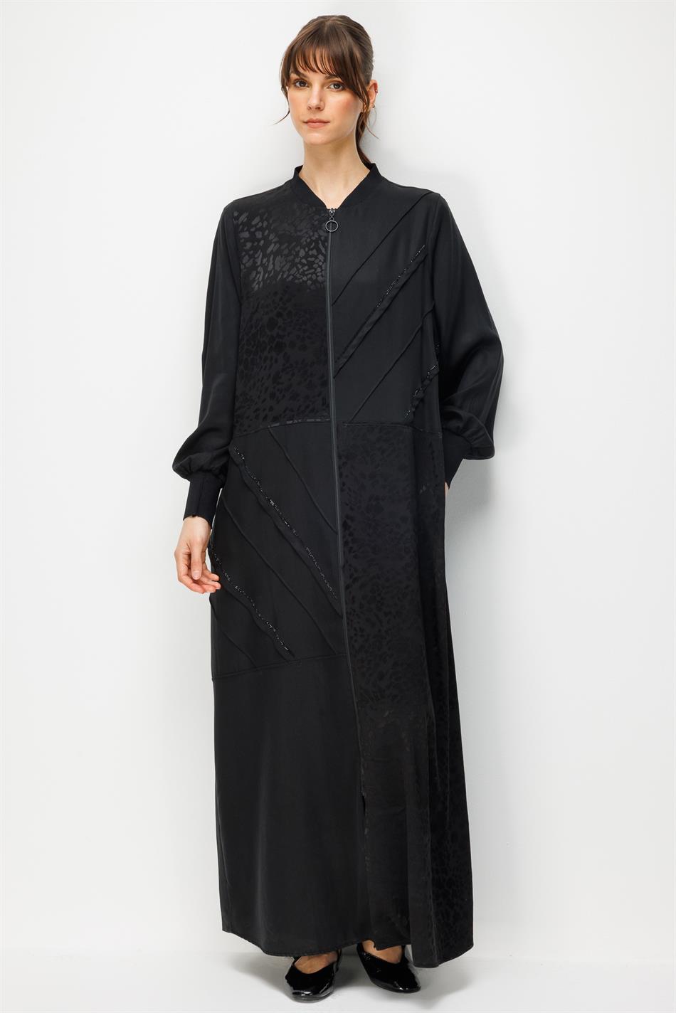 %100 Doğal LyoCELL Maxi Dökümlü Soft Kumaş Nervür ve Desen Geçişli Kap Ferace-Siyah