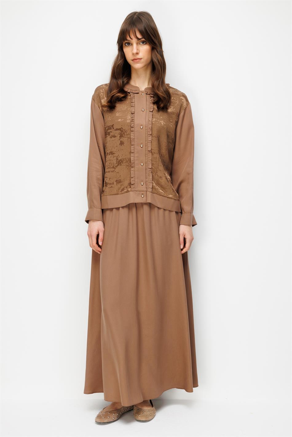 %100 Doğal LyoCELL Maxi Dökümlü Soft Kumaş Etek ve Özel Desen Geçişli Ceket Kombinli TAKIM-Kahve