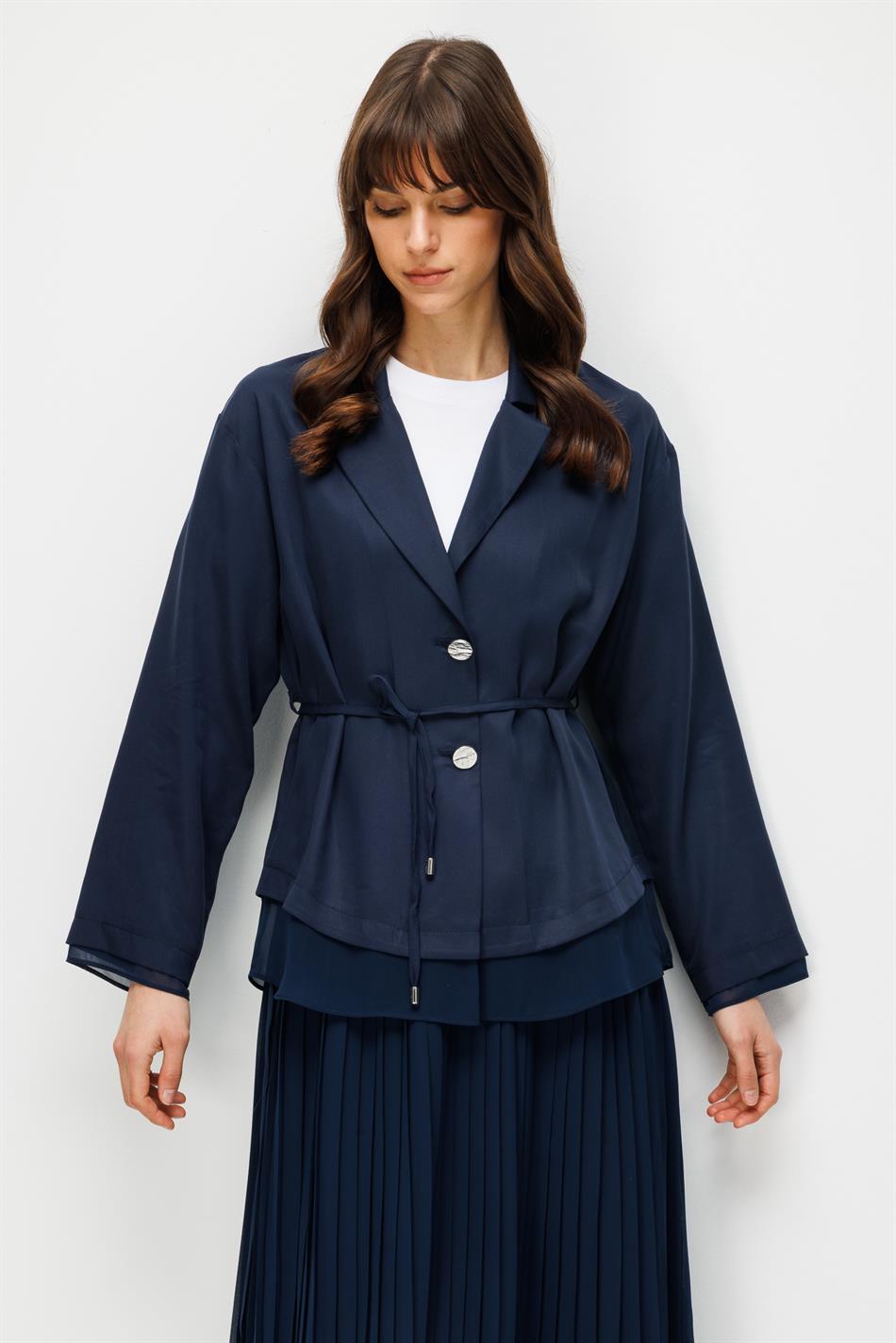 %100 Doğal LyoCELL Maxi Dökümlü Soft Kumaş Ceket ve Şifon Pilise Etek Kombinli TAKIM-Laci