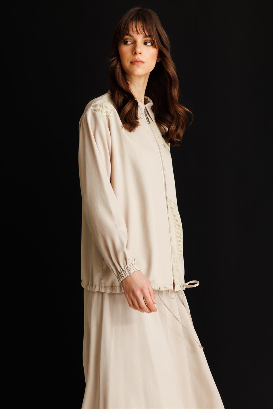 %100 Doğal LyoCELL Maxi Dökümlü Soft Kumaş Step File Garni Detaylı Ceket ve Etek Kombinli TAKIM-Taş