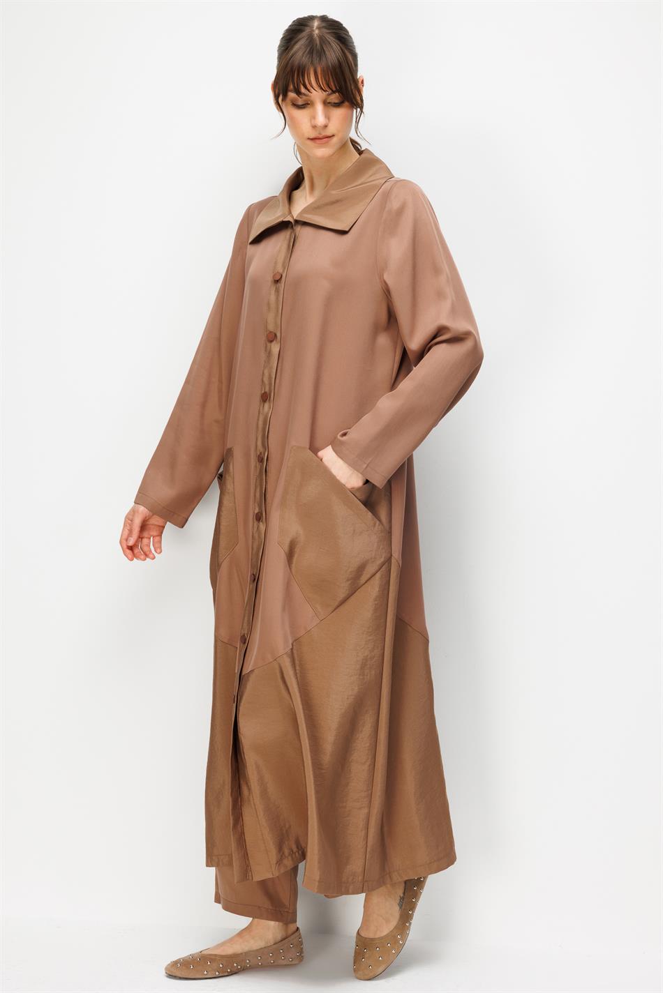 %100 Doğal LyoCELL Maxi Dökümlü Soft Kumaş Garni Kumaşlı Zamansız Kap Ferace-Kahve