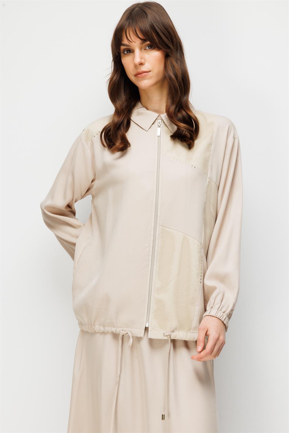 %100 Doğal LyoCELL Maxi Dökümlü Soft Kumaş Step File Garni Detaylı Ceket ve Etek Kombinli TAKIM-Taş