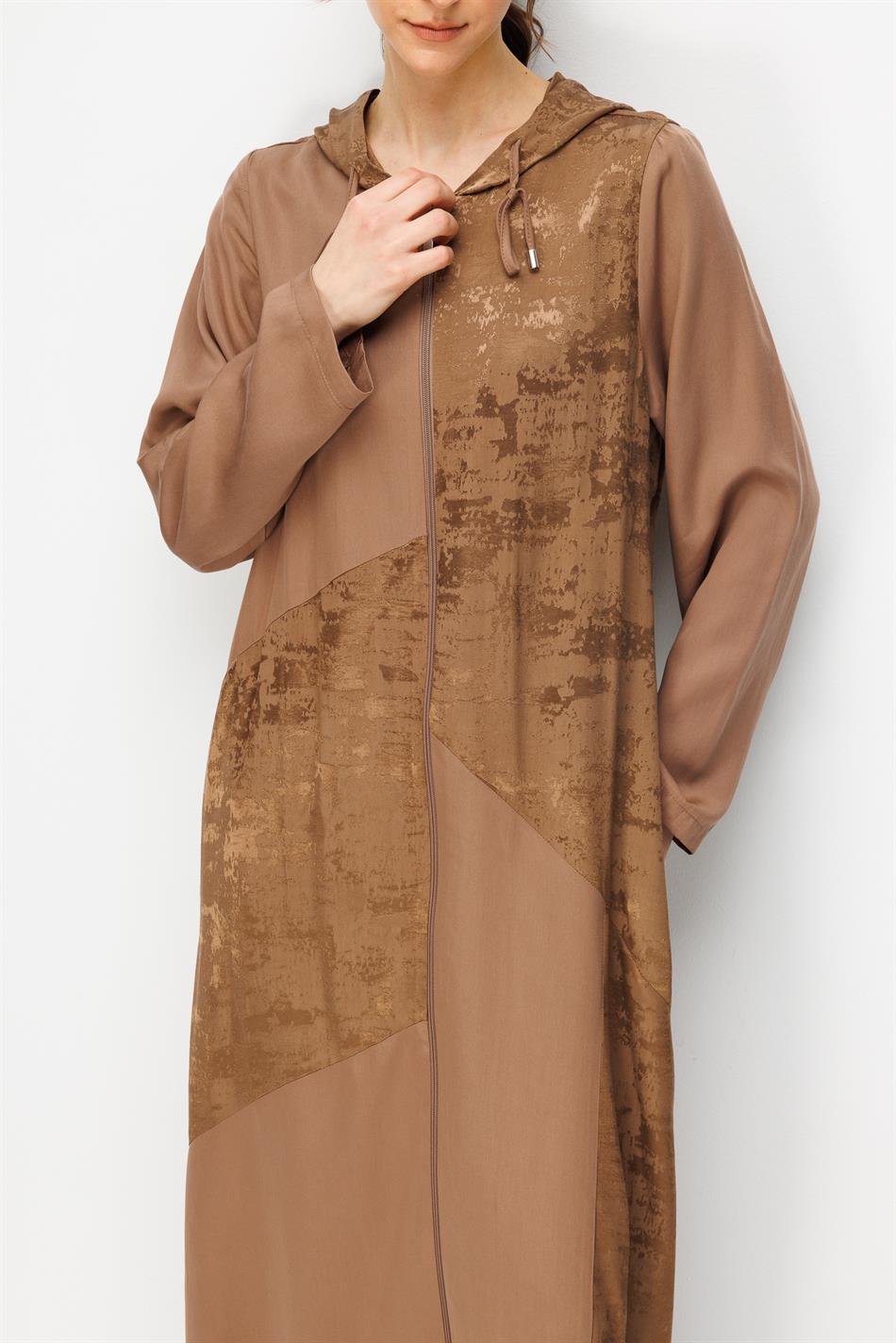 %100 Doğal LyoCELL Maxi Dökümlü Soft Kumaş Desen Geçişli Kap Ferace-Kahve