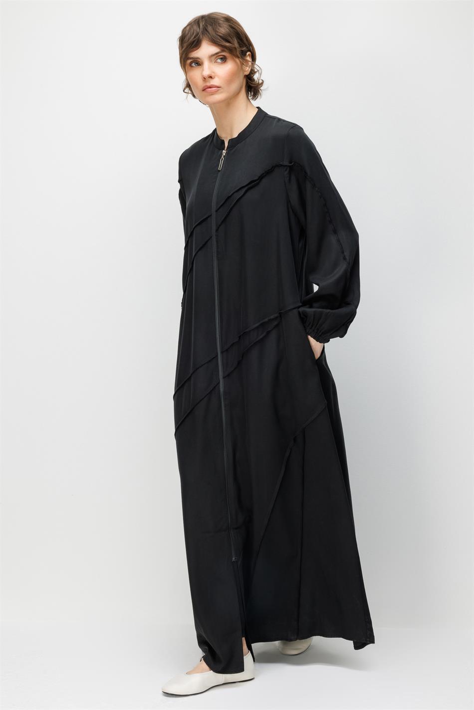 %100 Doğal LyoCELL Maxi Dökümlü Soft Kumaş Aller Ara Diikiş Detaylı Kap Ferace-Siyah