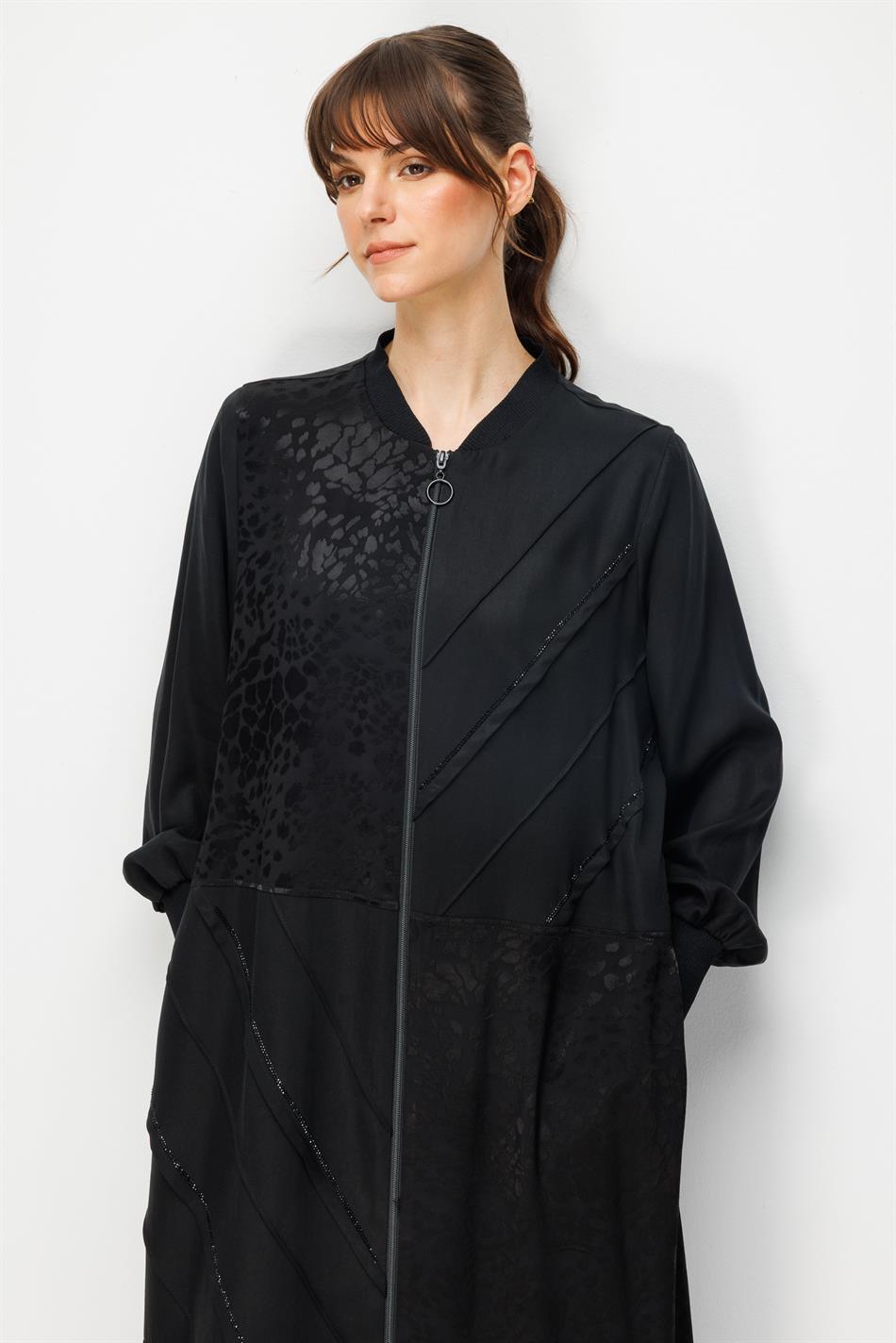 %100 Doğal LyoCELL Maxi Dökümlü Soft Kumaş Nervür ve Desen Geçişli Kap Ferace-Siyah