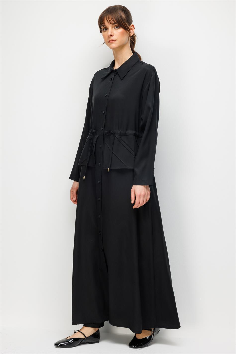 %100 Doğal LyoCELL Maxi Dökümlü Soft Kumaş Elişi Desen Nervür ve Taş İşlemeli Maxi Elbise Ferace-Siyah