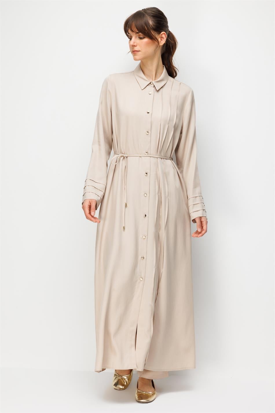 %100 Doğal LyoCELL Maxi Dökümlü Soft Kumaş Kol ve Beden Aller Nervür Detaylı Kap Ferace-Taş