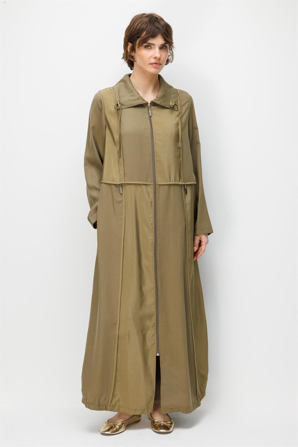 100% natuurlijke LyoCELL Maxi Draped Soft Fabric Color Garni Sport Detail Abaya - Khaki