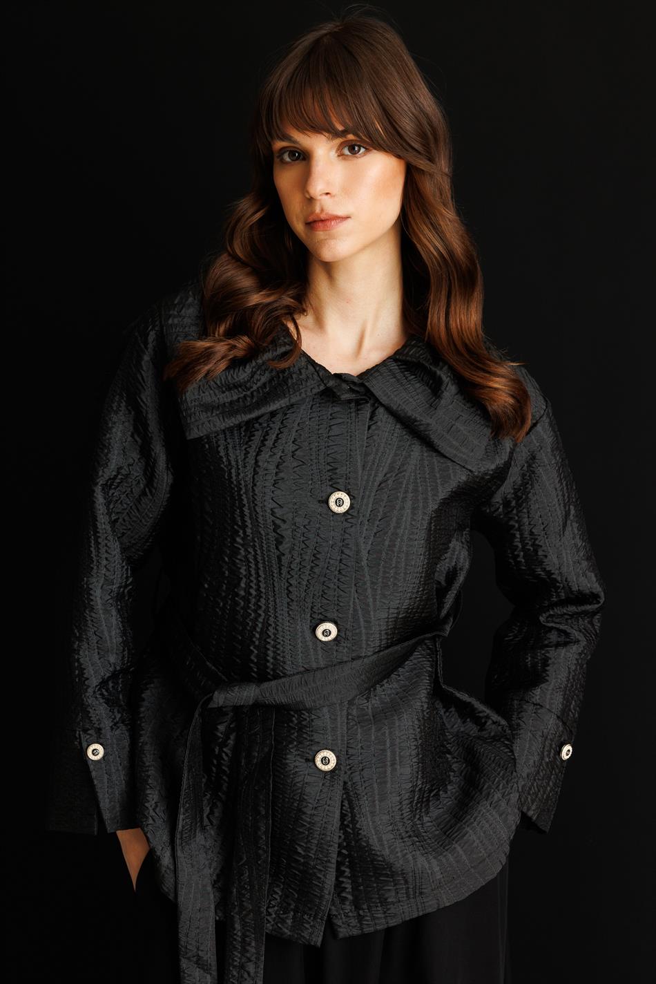 %100 Doğal LyoCELL Maxi Dökümlü Soft Kumaş Etek ve Özel Jakar Kumaş Ceket  Kombinli TAKIM-Siyah