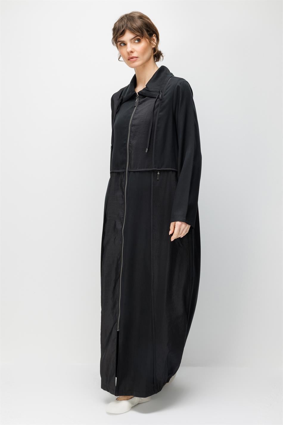 %100 Doğal LyoCELL Maxi Dökümlü Soft Kumaş Renk Garnil spor Detaylı Kap Ferace-Siyah