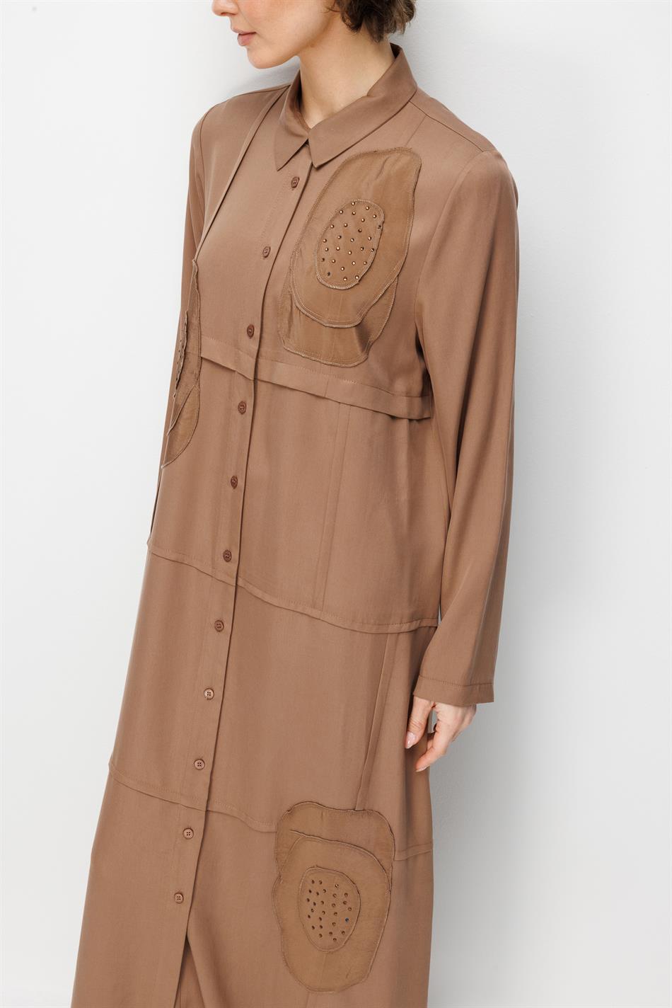 %100 Doğal LyoCELL Maxi Dökümlü Soft Kumaş Elişi Flora İşleme Detaylı Maxi Tunik Ferace-Kahve