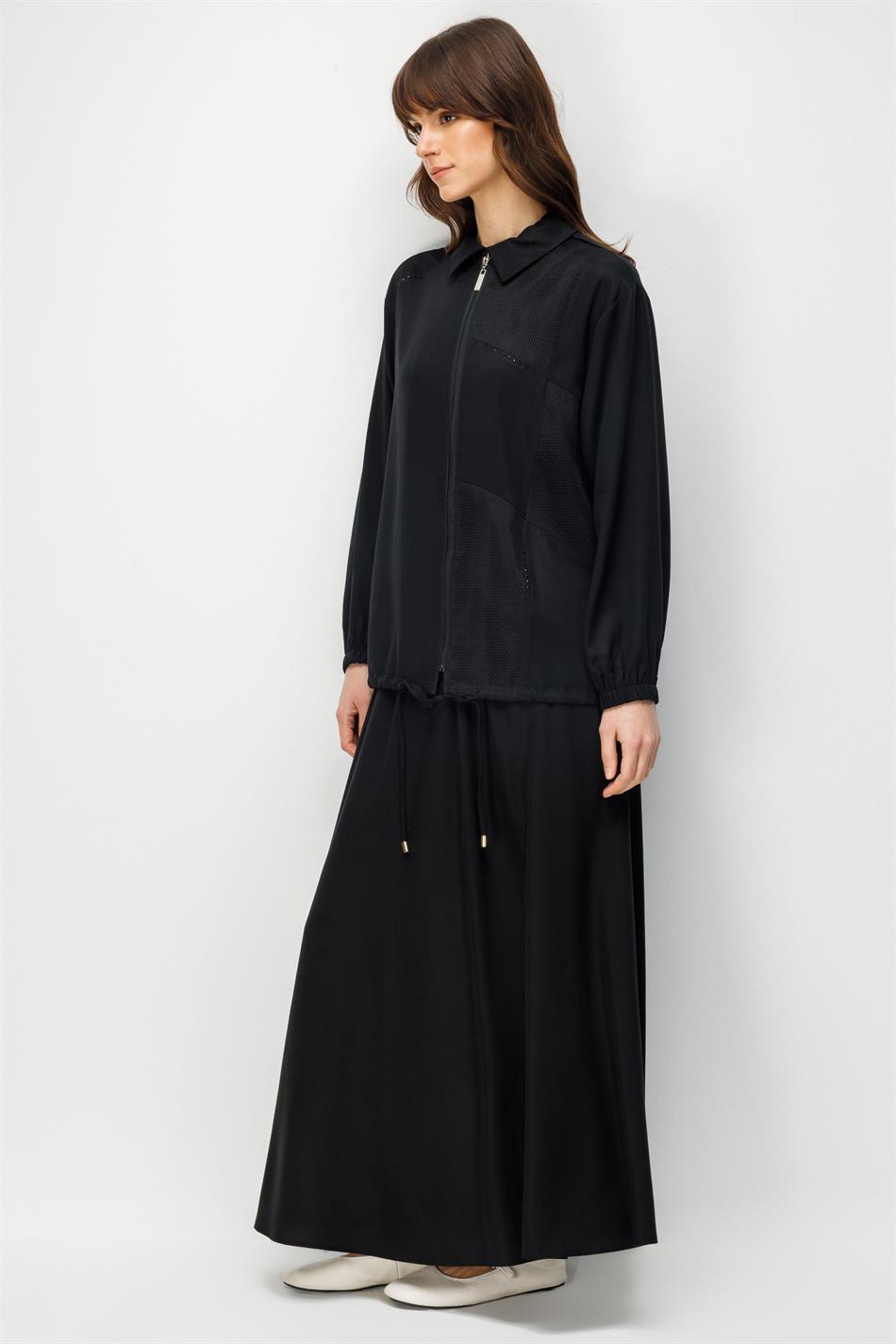 %100 Doğal LyoCELL Maxi Dökümlü Soft Kumaş Step File Garni Detaylı Ceket ve Etek Kombinli TAKIM-Siyah