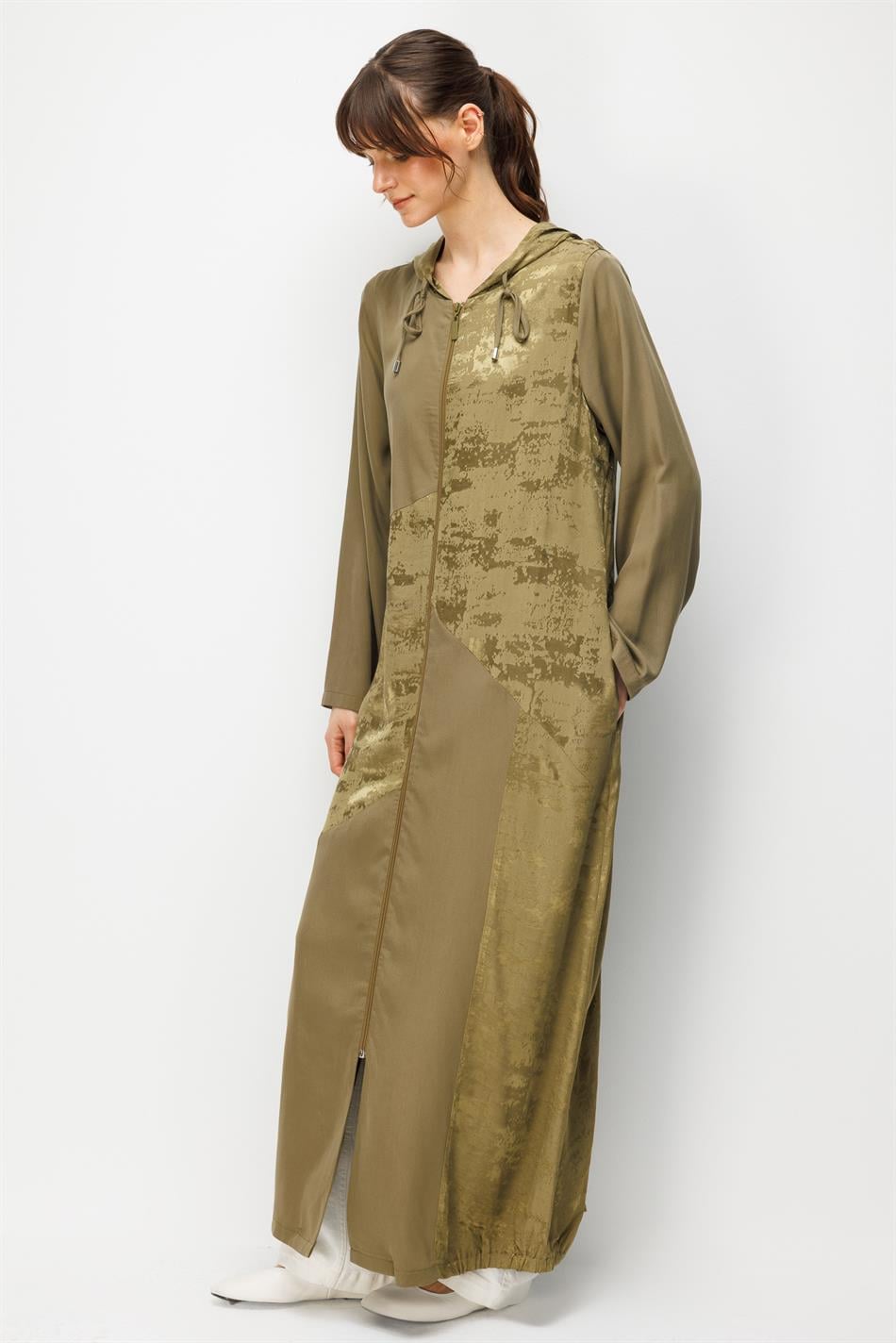 %100 Doğal LyoCELL Maxi Dökümlü Soft Kumaş Desen Geçişli Kap Ferace-Haki