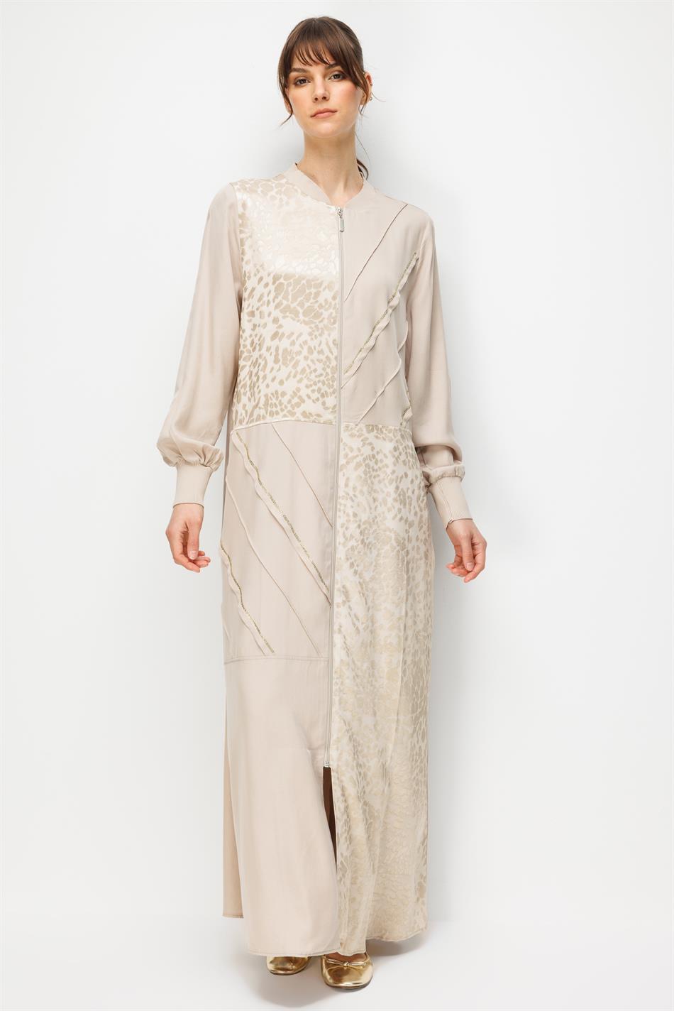 %100 Doğal LyoCELL Maxi Dökümlü Soft Kumaş Nervür ve Desen Geçişli Kap Ferace-Taş