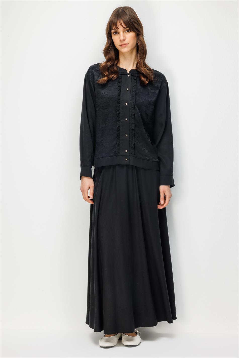 %100 Doğal LyoCELL Maxi Dökümlü Soft Kumaş Etek ve Özel Desen Geçişli Ceket Kombinli TAKIM-Siyah