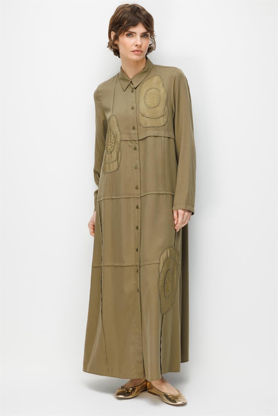 %100 Doğal LyoCELL Maxi Dökümlü Soft Kumaş Elişi Flora İşleme Detaylı Maxi Tunik Ferace-Haki