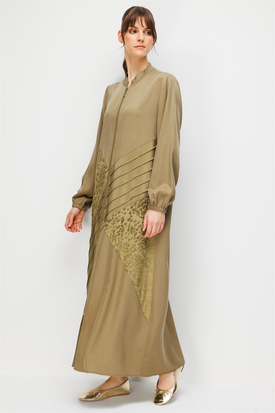 %100 Doğal LyoCELL Maxi Dökümlü Soft Kumaş Garni ve Elişi Nervür Detaylı Ferace-Haki