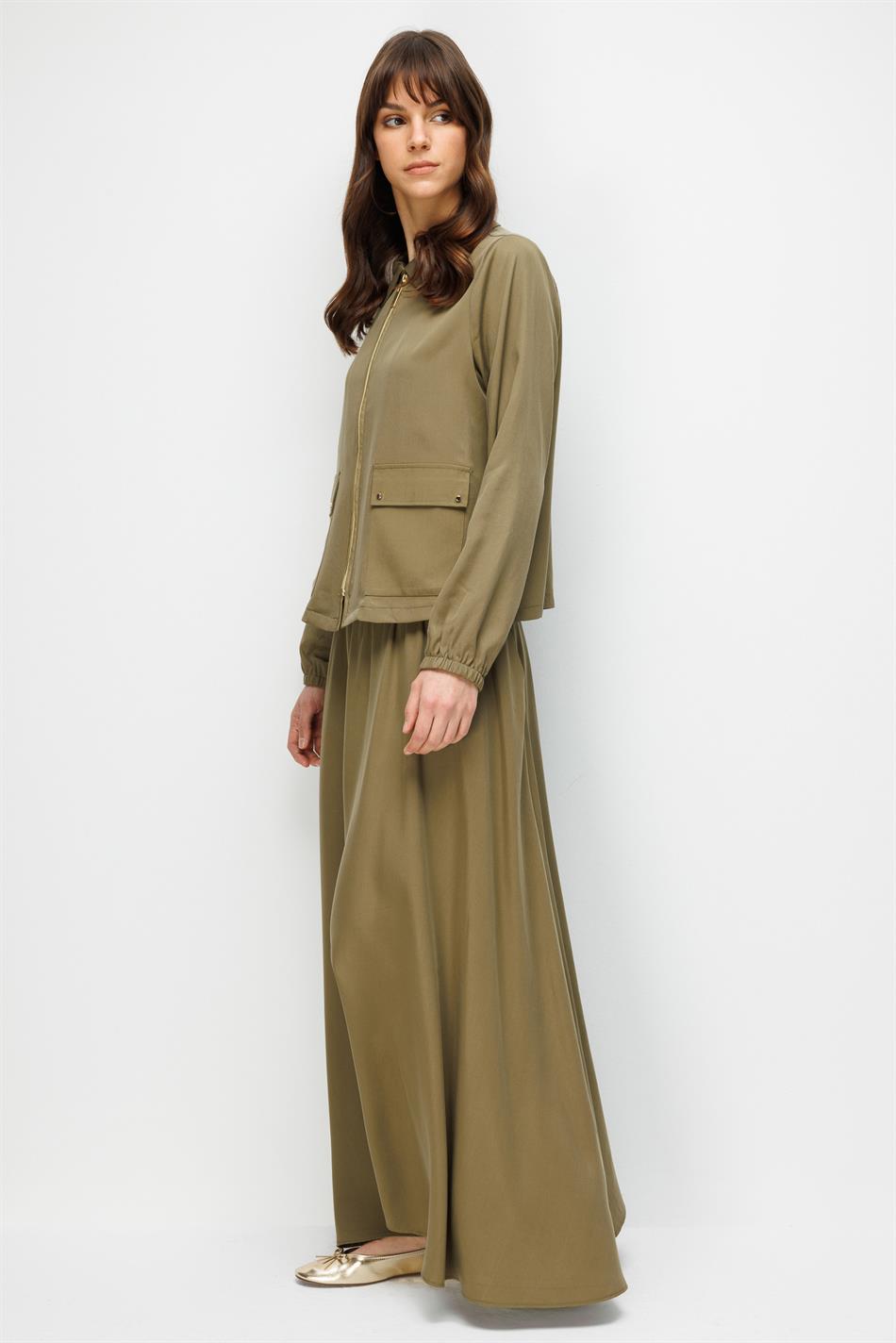 %100 Doğal LyoCELL Maxi Dökümlü Soft Kumaş Özel Ceket ve Etek Kombinli TAKIM-Haki