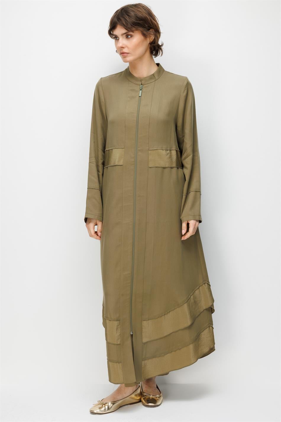 %100 Doğal LyoCELL Maxi Dökümlü Soft Kumaş Aller Bant detaylı Kap Ferace-Haki