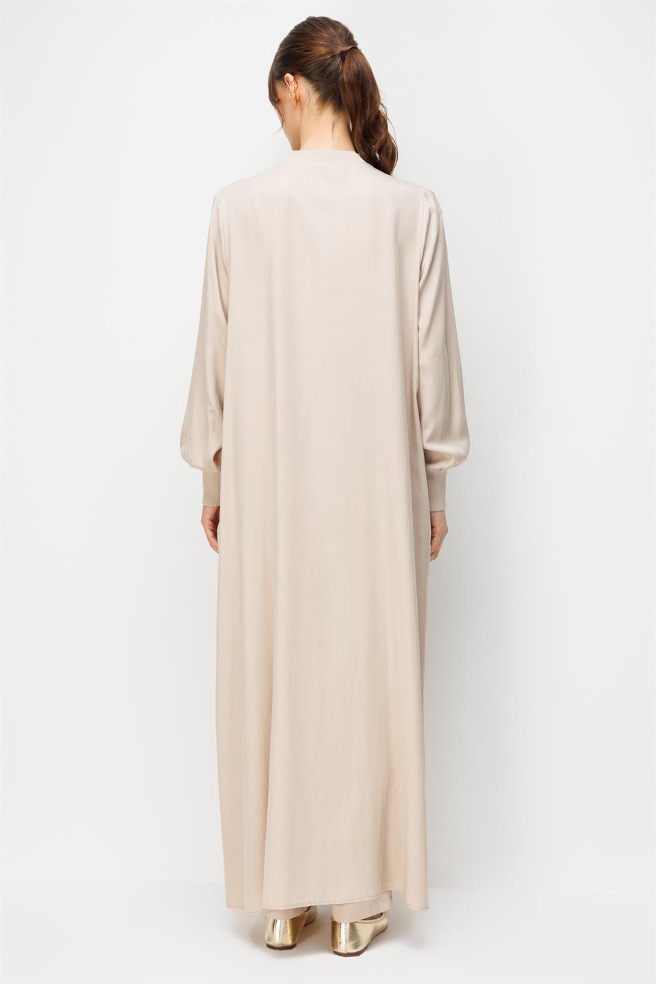 %100 Doğal LyoCELL Maxi Dökümlü Soft Kumaş Nervür ve Desen Geçişli Kap Ferace-Taş