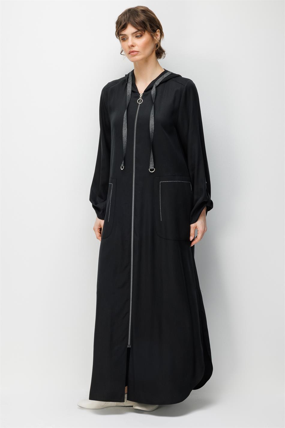 %100 Doğal LyoCELL Maxi Dökümlü Soft Kumaş Spor Garni Detaylı Kap Ferace-Siyah