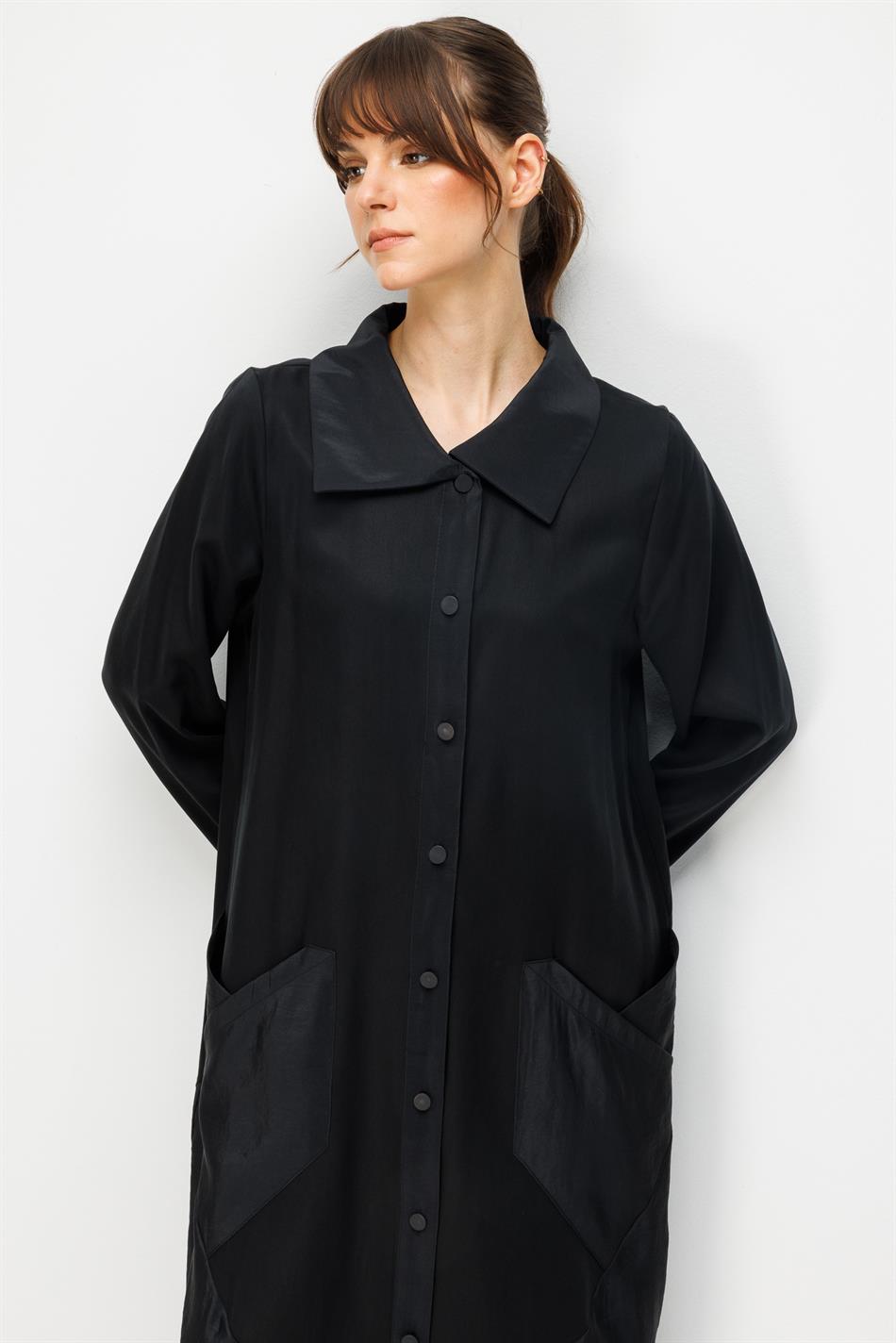 %100 Doğal LyoCELL Maxi Dökümlü Soft Kumaş Garni Kumaşlı Zamansız Kap Ferace-Siyah