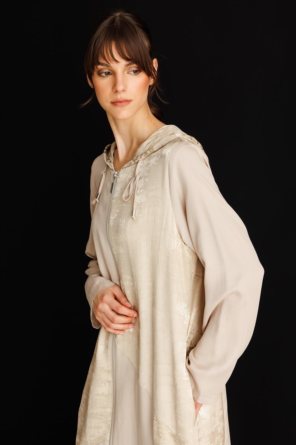 %100 Doğal LyoCELL Maxi Dökümlü Soft Kumaş Desen Geçişli Kap Ferace-Taş