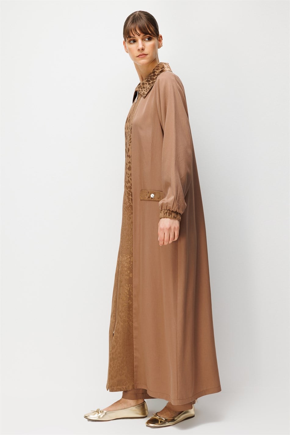 %100 Doğal LyoCELL Maxi Dökümlü Soft Kumaş ve Desen Geçişli Ferace-Kahve