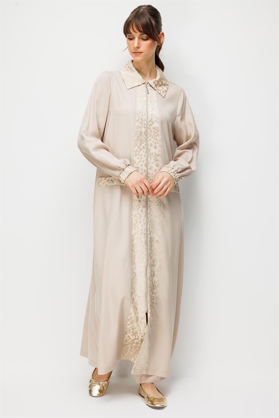 %100 Doğal LyoCELL Maxi Dökümlü Soft Kumaş ve Desen Geçişli Ferace-Taş