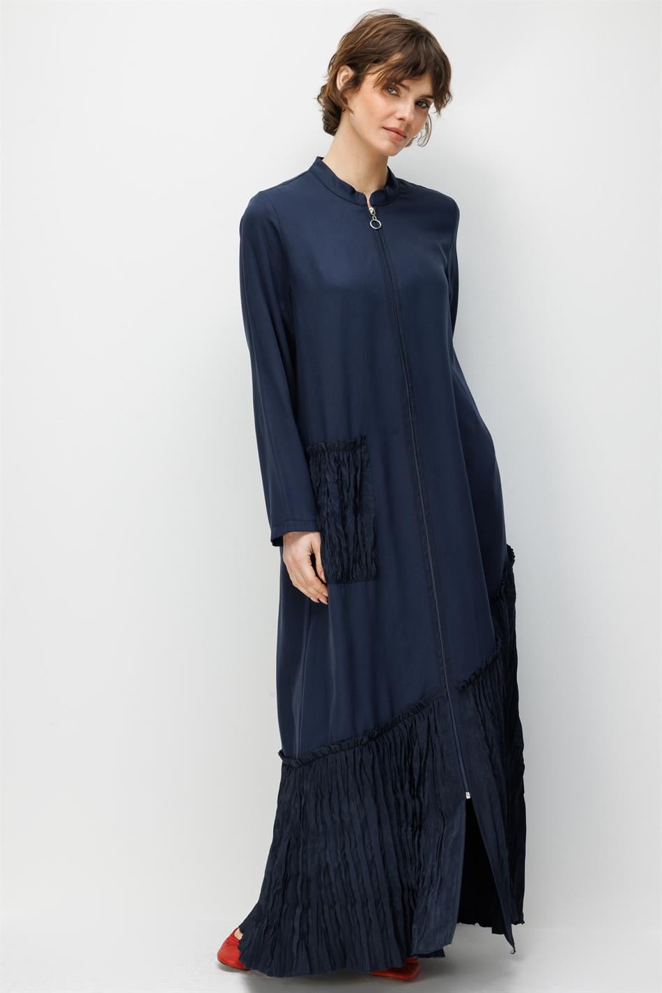 %100 Doğal LyoCELL Maxi Dökümlü Soft Kumaş Kraş Cep ve Alt Bant Detaylı Kap Ferace-Laci