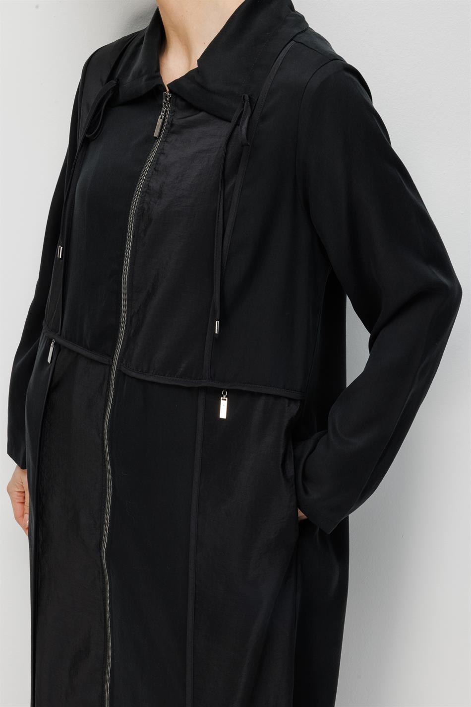 %100 Doğal LyoCELL Maxi Dökümlü Soft Kumaş Renk Garnil spor Detaylı Kap Ferace-Siyah