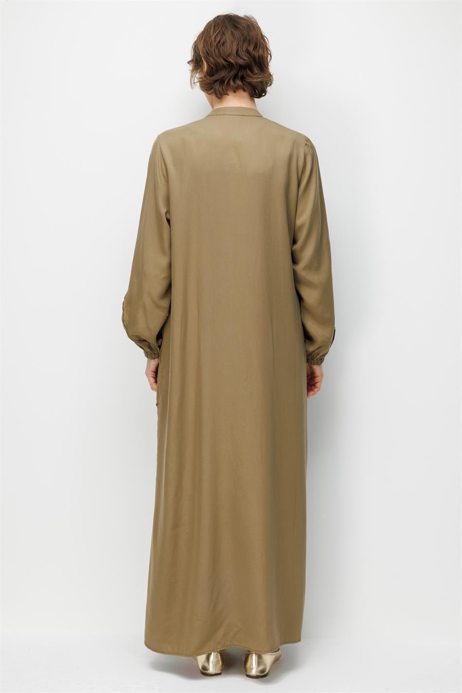 %100 Doğal LyoCELL Maxi Dökümlü Soft Kumaş Aller Ara Diikiş Detaylı Kap Ferace-Haki