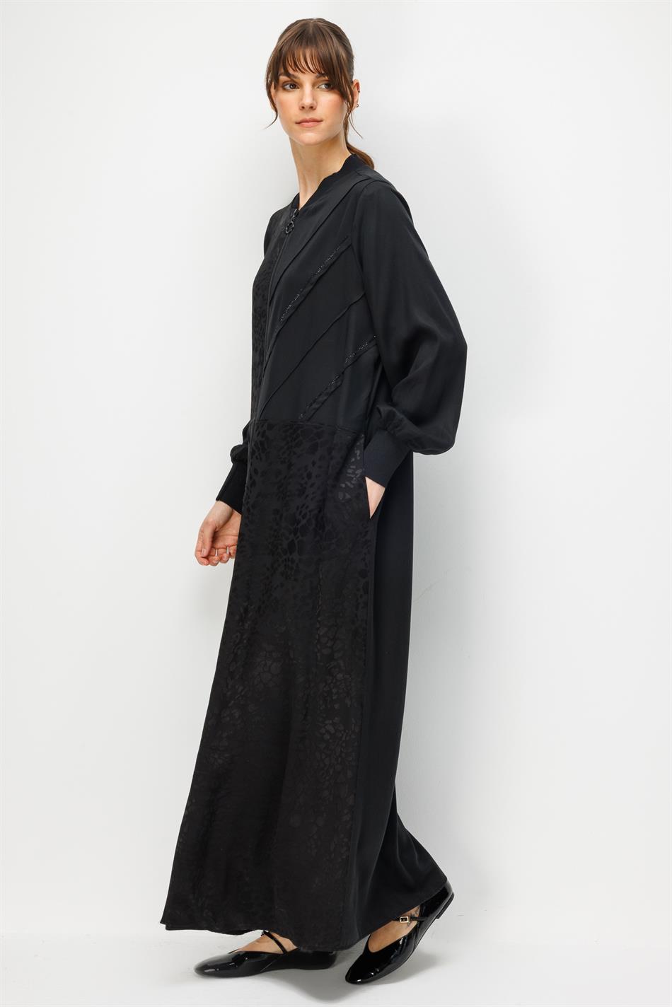 %100 Doğal LyoCELL Maxi Dökümlü Soft Kumaş Nervür ve Desen Geçişli Kap Ferace-Siyah