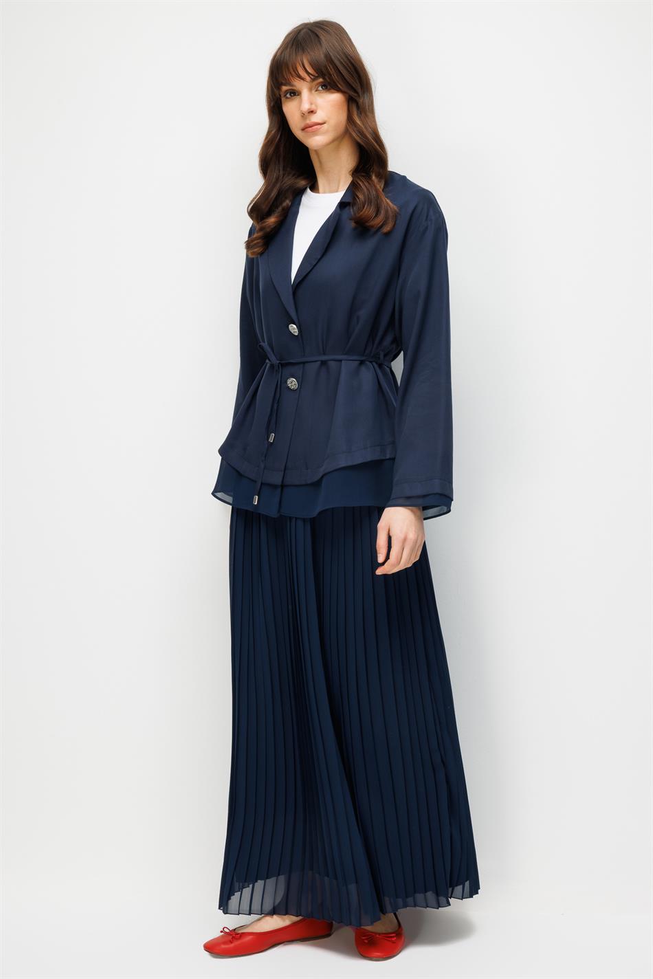 %100 Doğal LyoCELL Maxi Dökümlü Soft Kumaş Ceket ve Şifon Pilise Etek Kombinli TAKIM-Laci