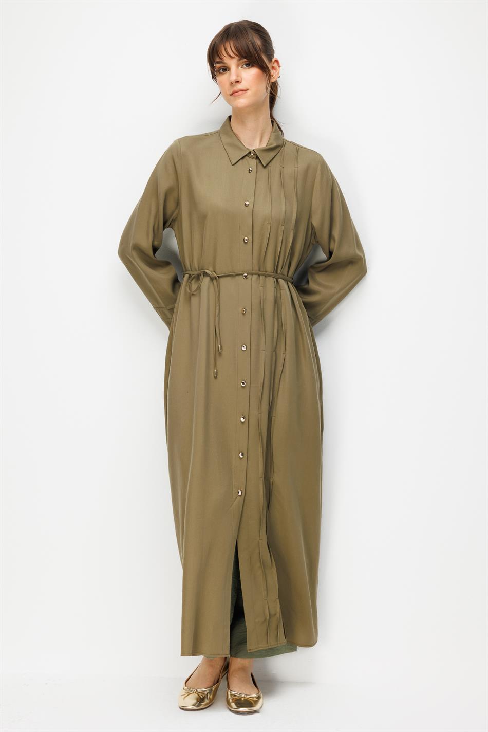 %100 Doğal LyoCELL Maxi Dökümlü Soft Kumaş Kol ve Beden Aller Nervür Detaylı Kap Ferace-Haki