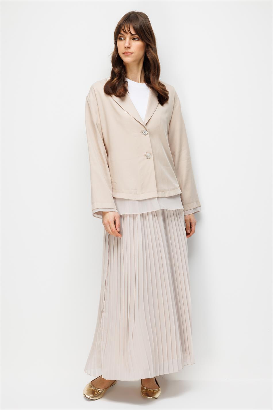 %100 Doğal LyoCELL Maxi Dökümlü Soft Kumaş Ceket ve Şifon Pilise Etek Kombinli TAKIM-Taş