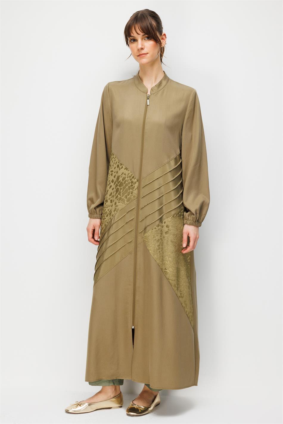 %100 Doğal LyoCELL Maxi Dökümlü Soft Kumaş Garni ve Elişi Nervür Detaylı Ferace-Haki